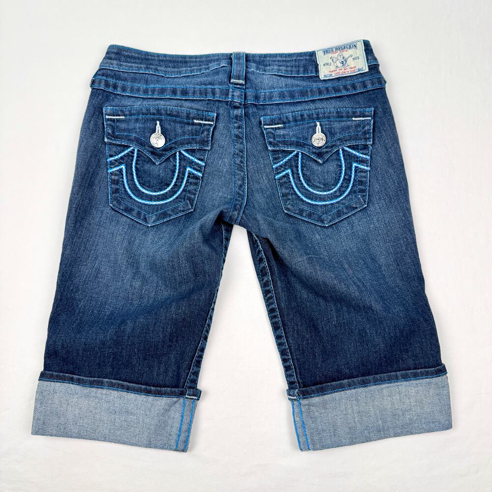True Religion Y2K Denim Shorts 'Sophie' Made in USA Low Rise Knee Length Size 29